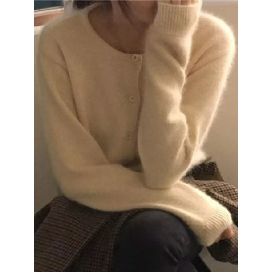 Crew Neck Button-Down Knit Cardigan Apricot / One Size Apparel and Accessories