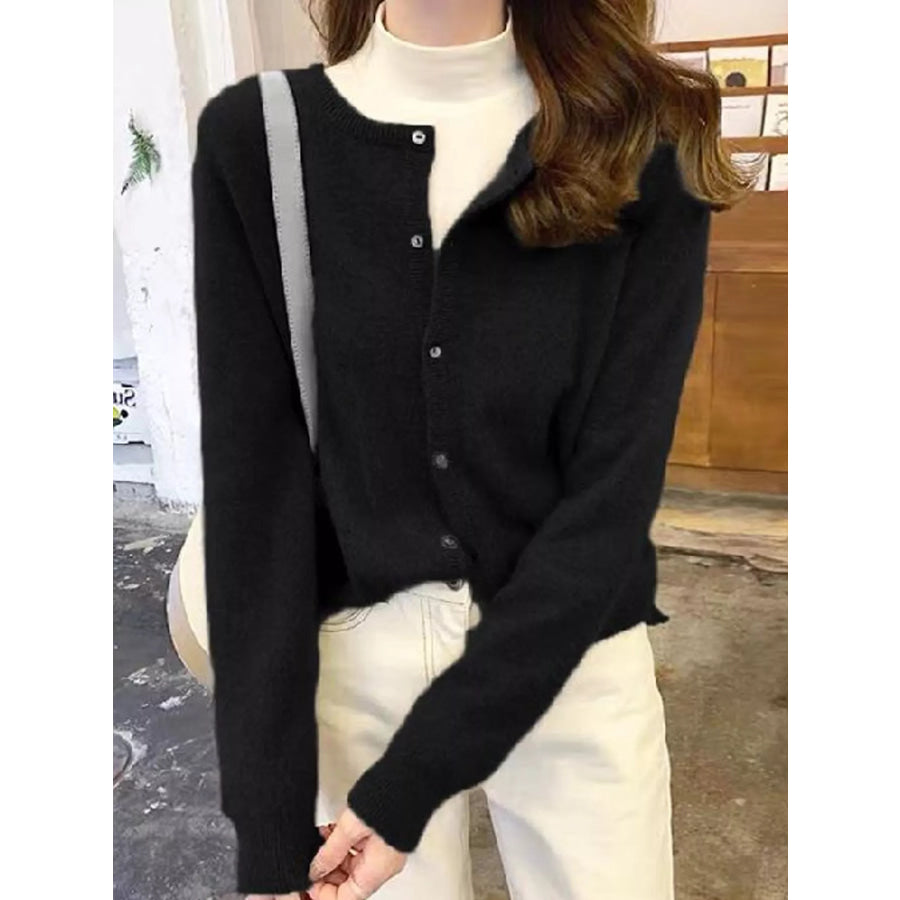 Crew Neck Button-Down Knit Cardigan Black / One Size Apparel and Accessories