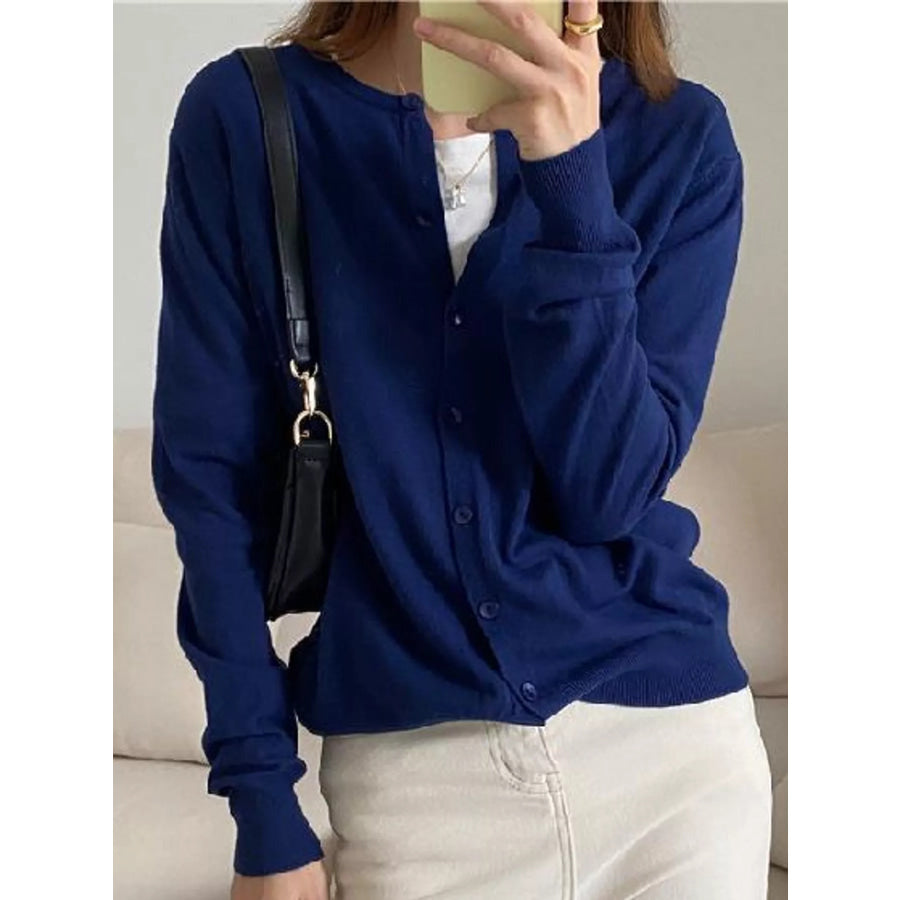 Crew Neck Button-Down Knit Cardigan Blue / One Size Apparel and Accessories