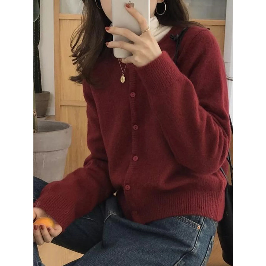 Crew Neck Button-Down Knit Cardigan Burgundy / One Size Apparel and Accessories