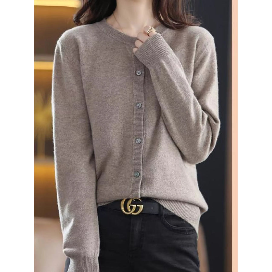 Crew Neck Button-Down Knit Cardigan Camel / One Size Apparel and Accessories