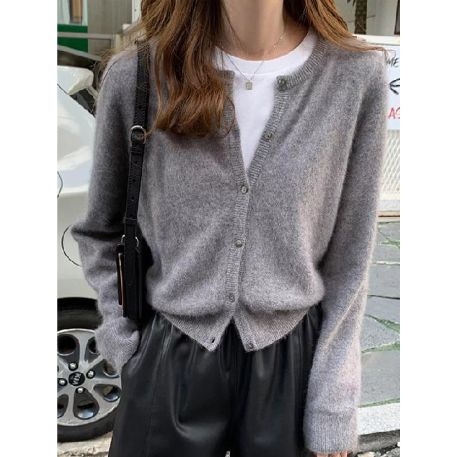 Crew Neck Button-Down Knit Cardigan Gray / One Size Apparel and Accessories