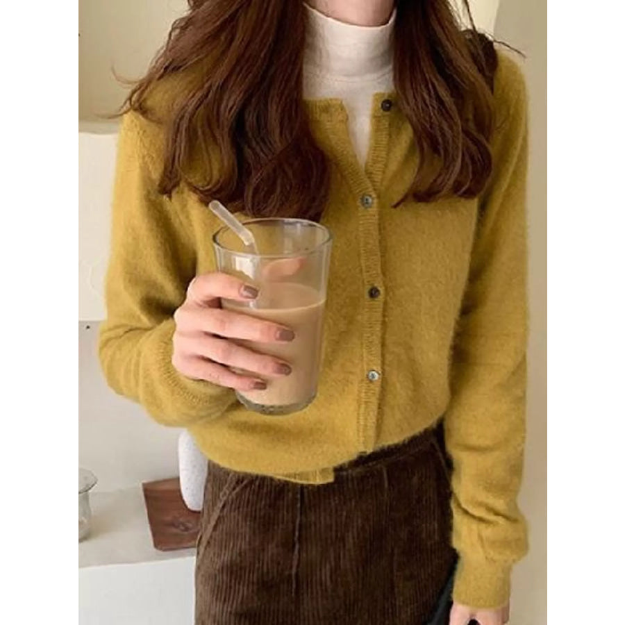 Crew Neck Button-Down Knit Cardigan Mustard Yellow / One Size Apparel and Accessories