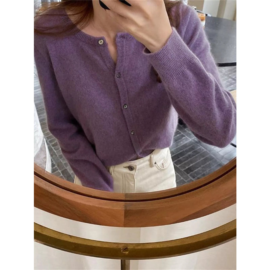 Crew Neck Button-Down Knit Cardigan Purple / One Size Apparel and Accessories