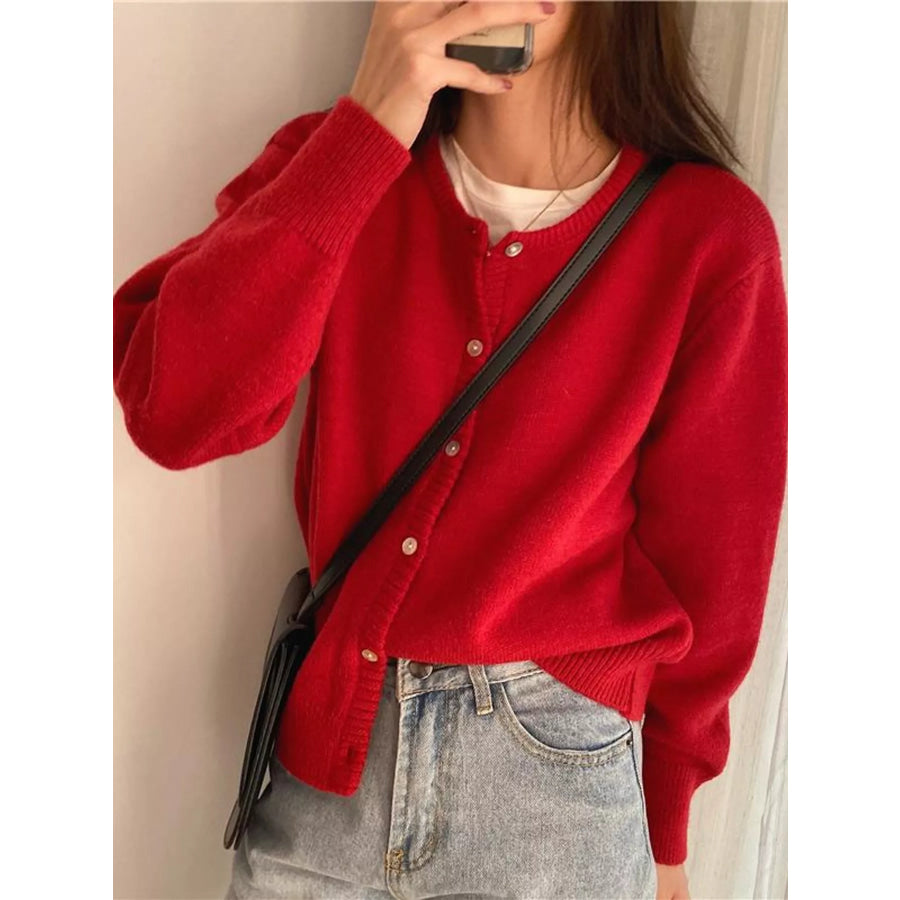 Crew Neck Button-Down Knit Cardigan Red / One Size Apparel and Accessories