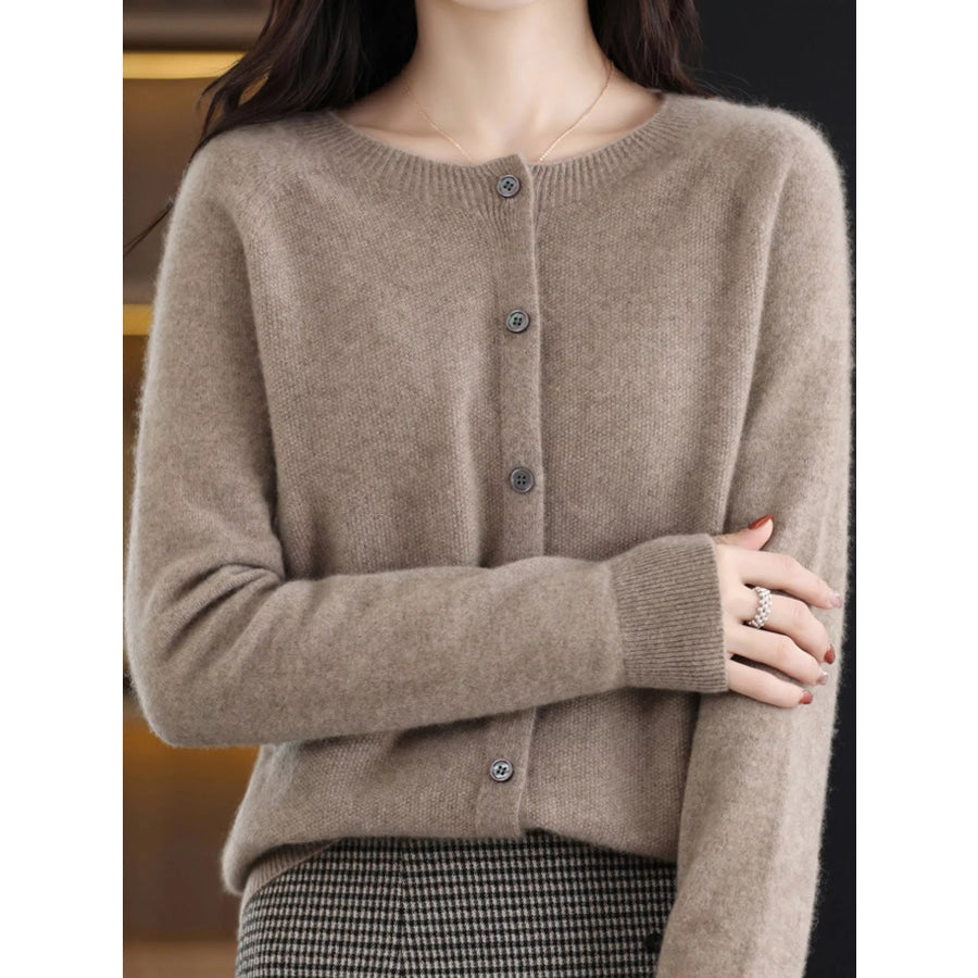 Crew Neck Button Up Cardigan Natural Camel / S Apparel and Accessories