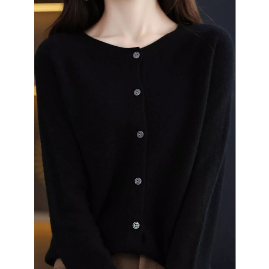 Crew Neck Button Up Cardigan Black / S Apparel and Accessories