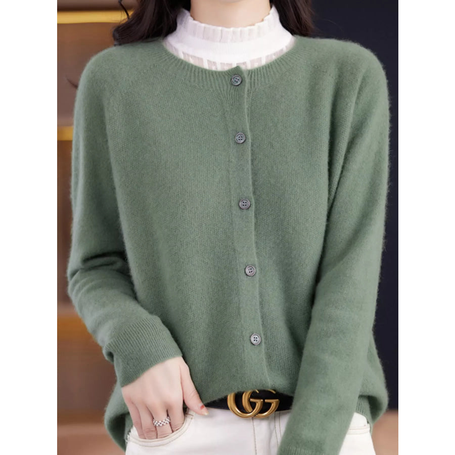 Crew Neck Button Up Cardigan Bluestone Green / S Apparel and Accessories