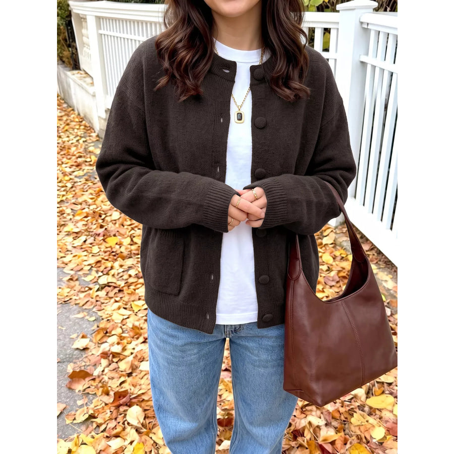 Crew Neck Button-Up Cardigan Brown / S Apparel and Accessories