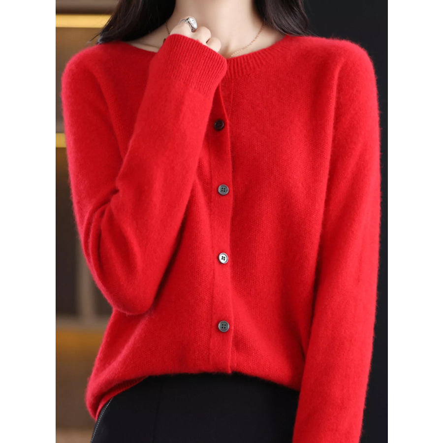 Crew Neck Button Up Cardigan Chinese Red / S Apparel and Accessories