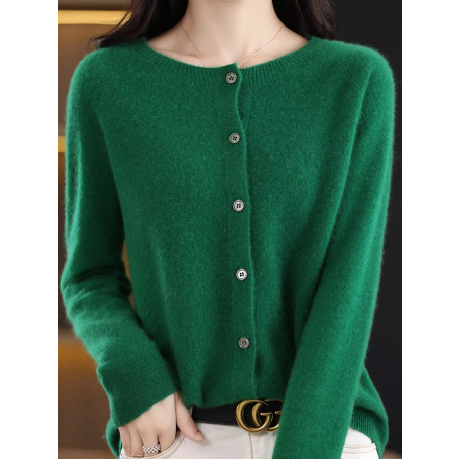 Crew Neck Button Up Cardigan Emerald Green / S Apparel and Accessories