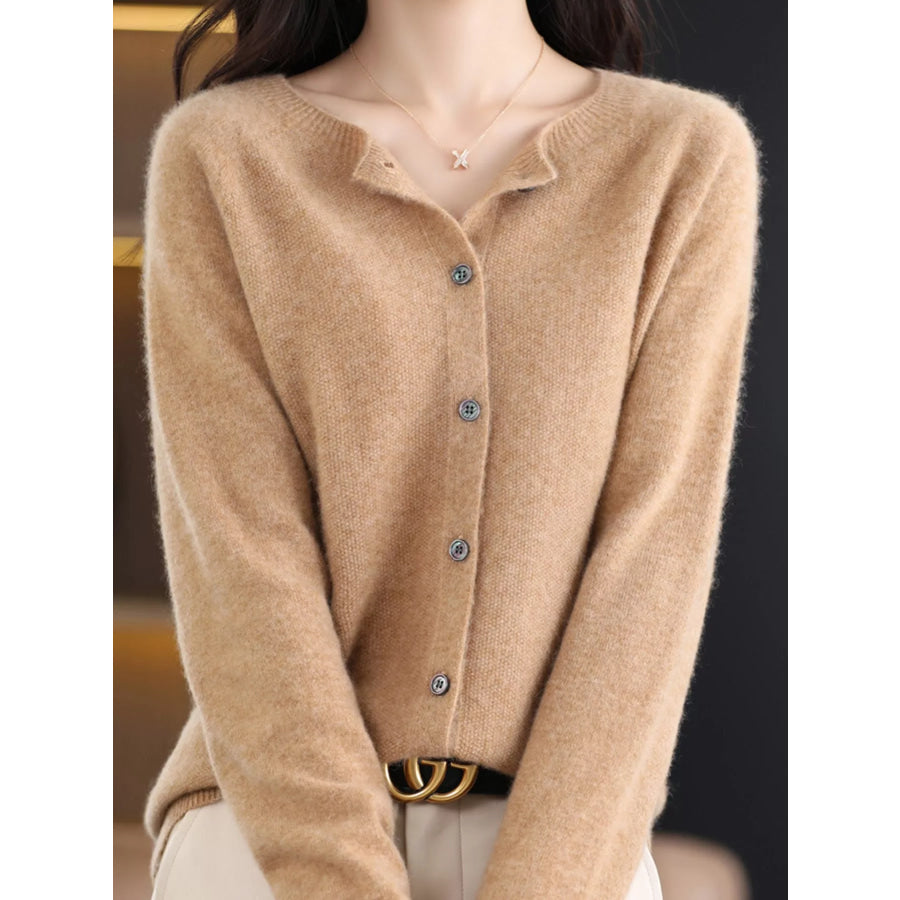 Crew Neck Button Up Cardigan Golden Camel / S Apparel and Accessories