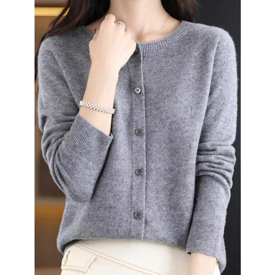 Crew Neck Button Up Cardigan Gray / S Apparel and Accessories