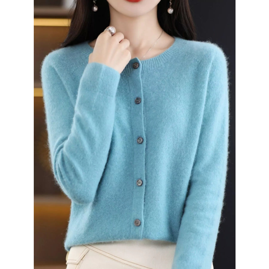 Crew Neck Button Up Cardigan Lake Blue / S Apparel and Accessories