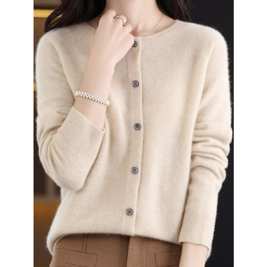 Crew Neck Button Up Cardigan Natural Beige / S Apparel and Accessories