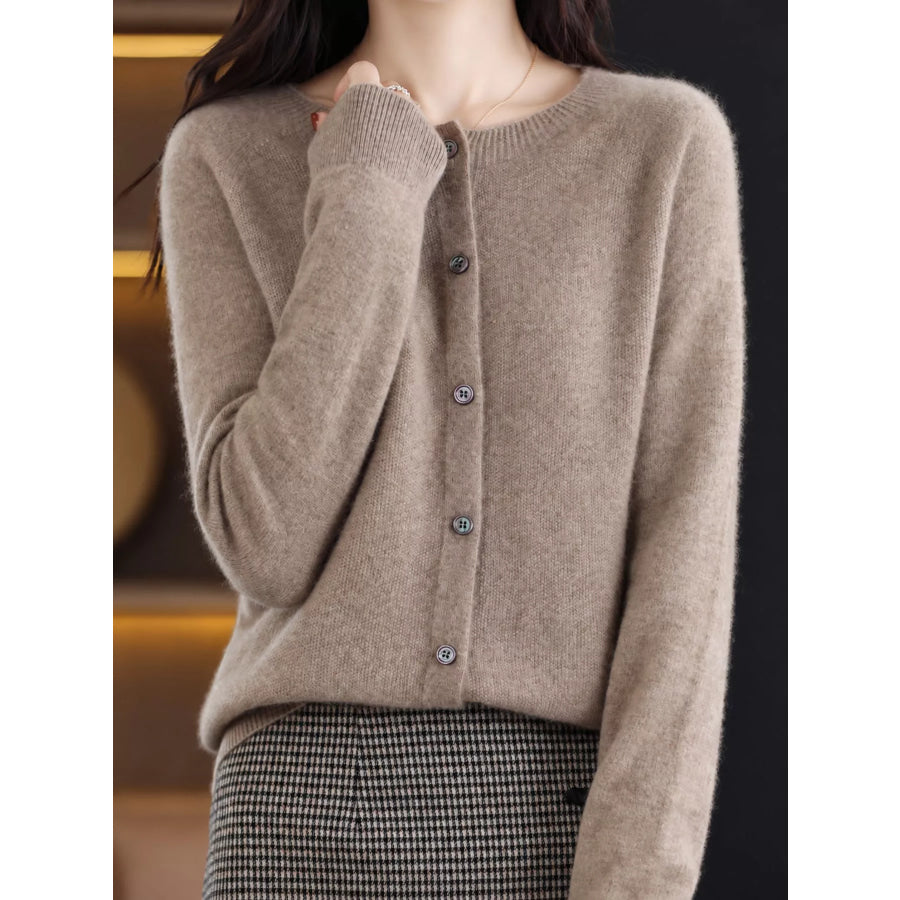 Crew Neck Button Up Cardigan Natural Camel / S Apparel and Accessories