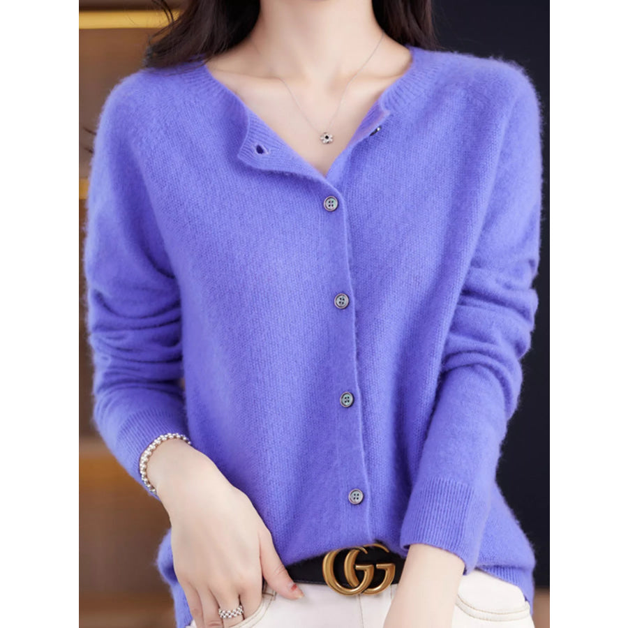 Crew Neck Button Up Cardigan Periwinkle Blue / S Apparel and Accessories