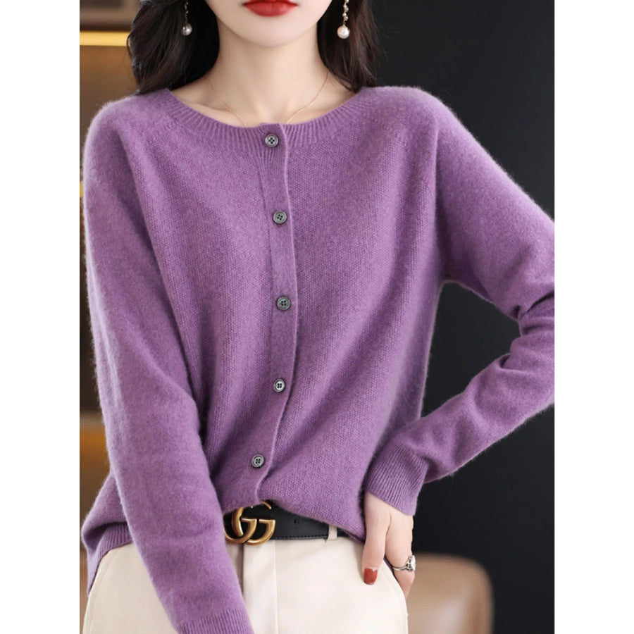 Crew Neck Button Up Cardigan Purple / S Apparel and Accessories