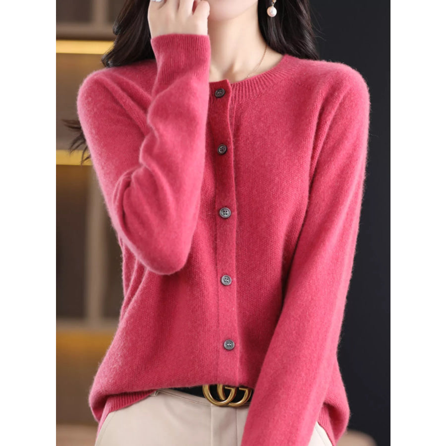 Crew Neck Button Up Cardigan Raspberry / S Apparel and Accessories