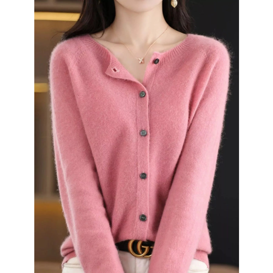 Crew Neck Button Up Cardigan Shrimp Pink / S Apparel and Accessories