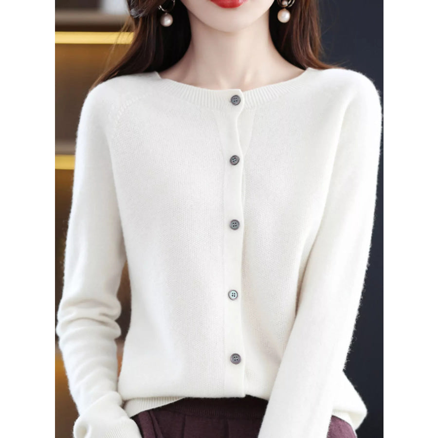 Crew Neck Button Up Cardigan Warm White / S Apparel and Accessories