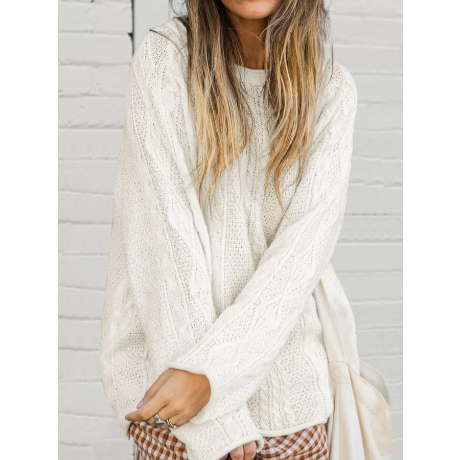 Crew Neck Cable-Knit Sweater Beige / S Apparel and Accessories