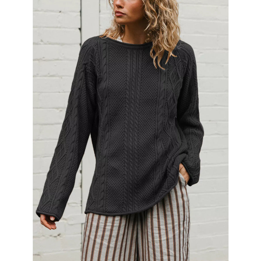 Crew Neck Cable-Knit Sweater Black / S Apparel and Accessories