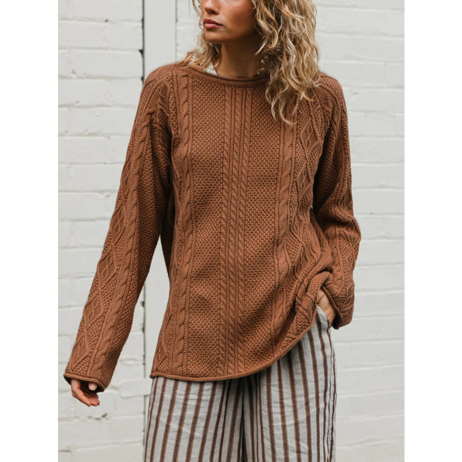 Crew Neck Cable-Knit Sweater Caramel / S Apparel and Accessories