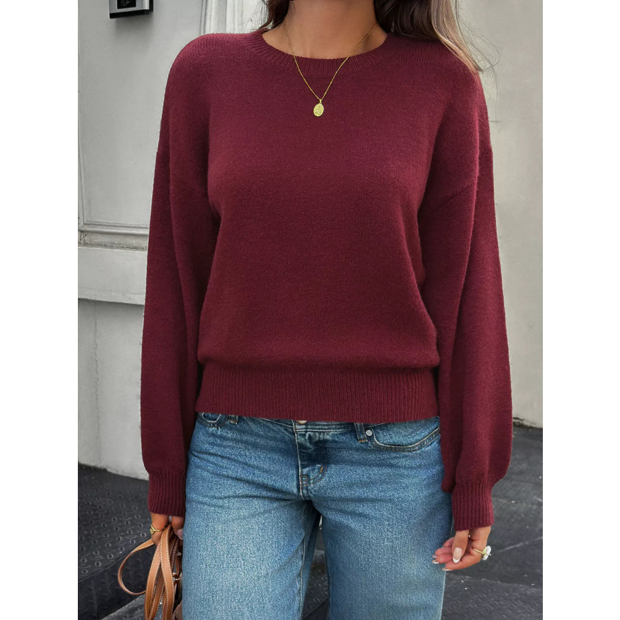 Crew Neck Dropped Shoulder Sweater Apparel and Accessories