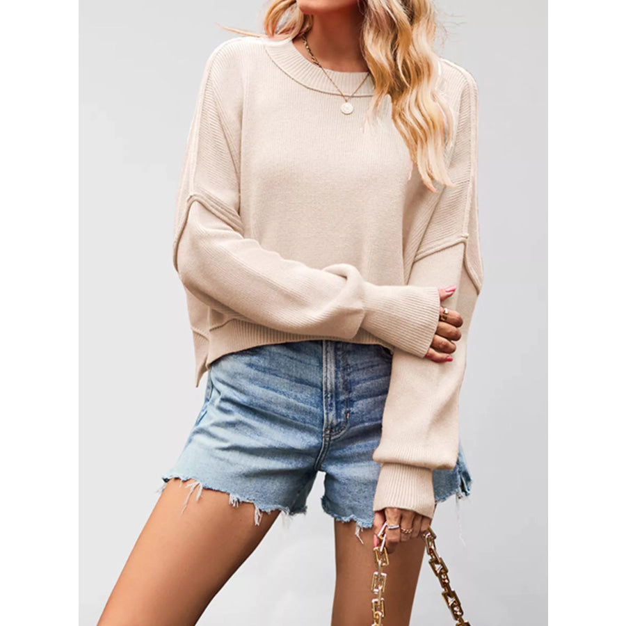 Crew Neck Dropped Shoulder Sweater Apricot / S Apparel and Accessories