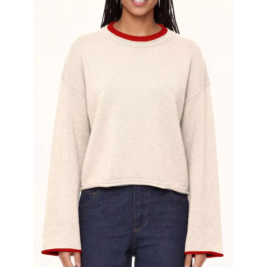 Crew Neck Dropped Shoulder Sweater Apricot / S Apparel and Accessories