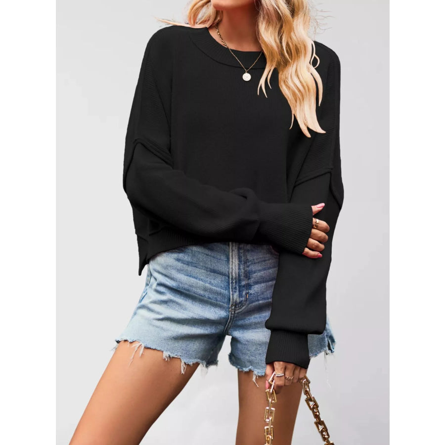 Crew Neck Dropped Shoulder Sweater Black / S Apparel and Accessories