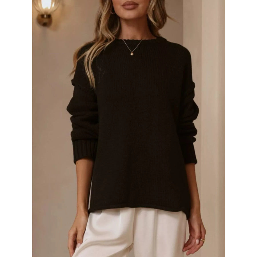 Crew Neck Dropped Shoulder Sweater Black / S Apparel and Accessories