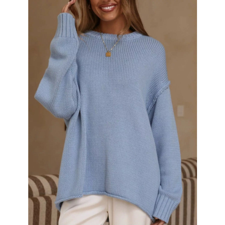 Crew Neck Dropped Shoulder Sweater Blue / S Apparel and Accessories