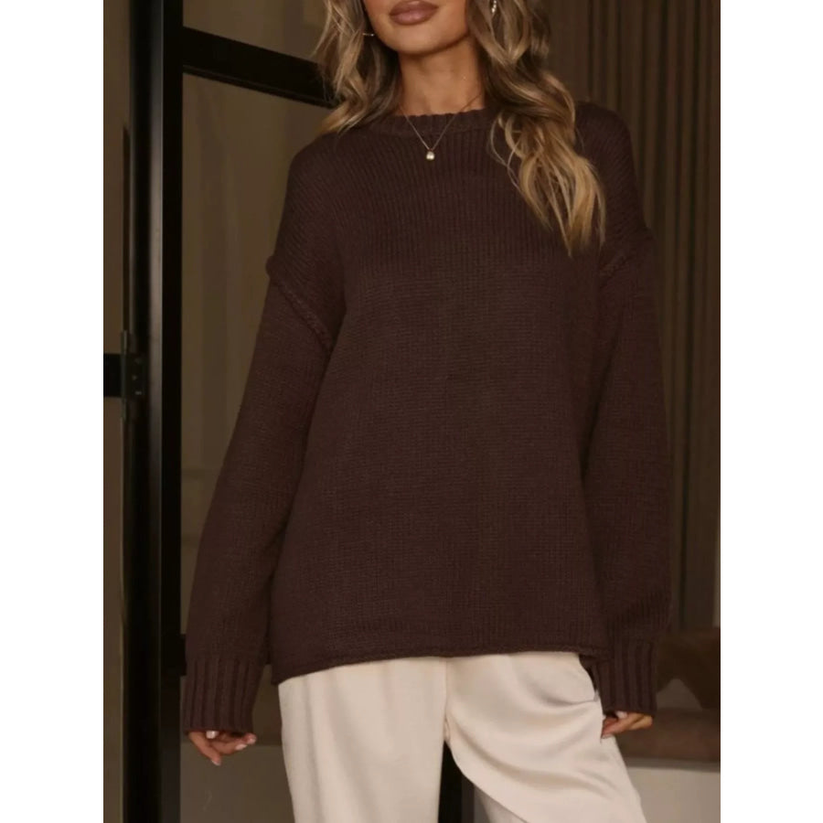 Crew Neck Dropped Shoulder Sweater Brown / S Apparel and Accessories