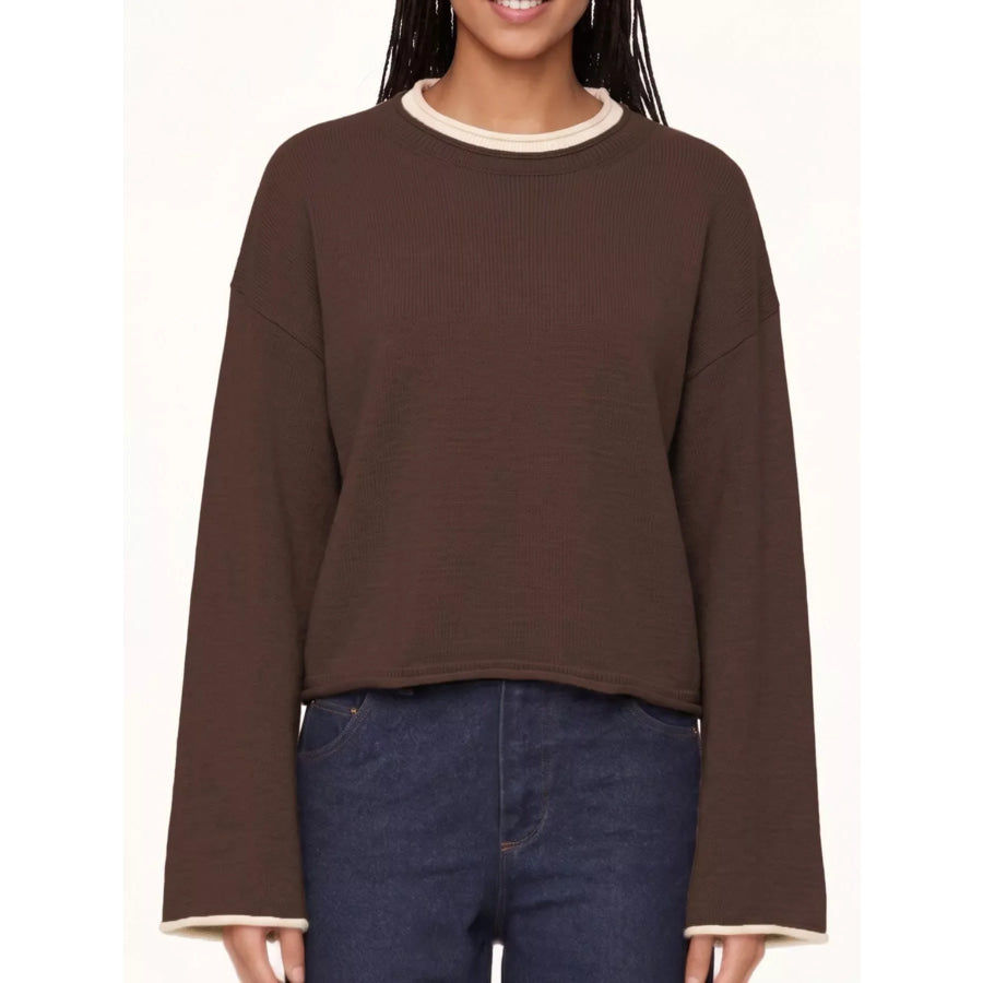 Crew Neck Dropped Shoulder Sweater Brown / S Apparel and Accessories