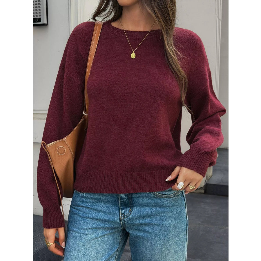 Crew Neck Dropped Shoulder Sweater Burgundy / S Apparel and Accessories