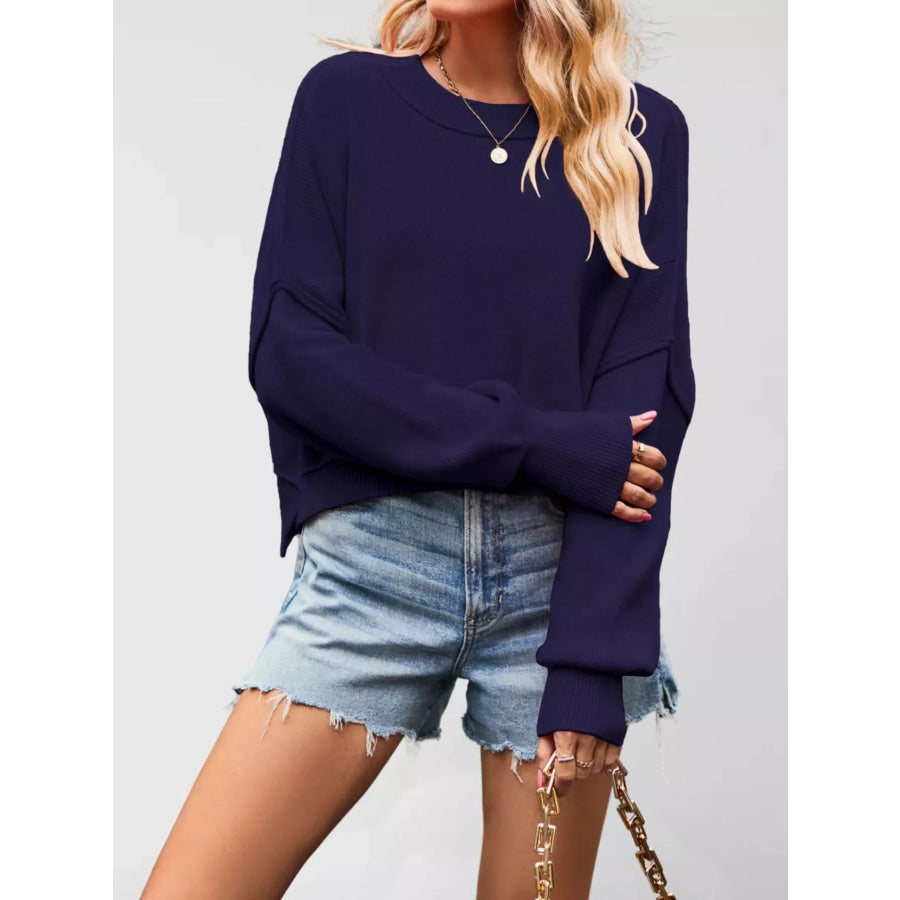 Crew Neck Dropped Shoulder Sweater Dark Purple / S Apparel and Accessories