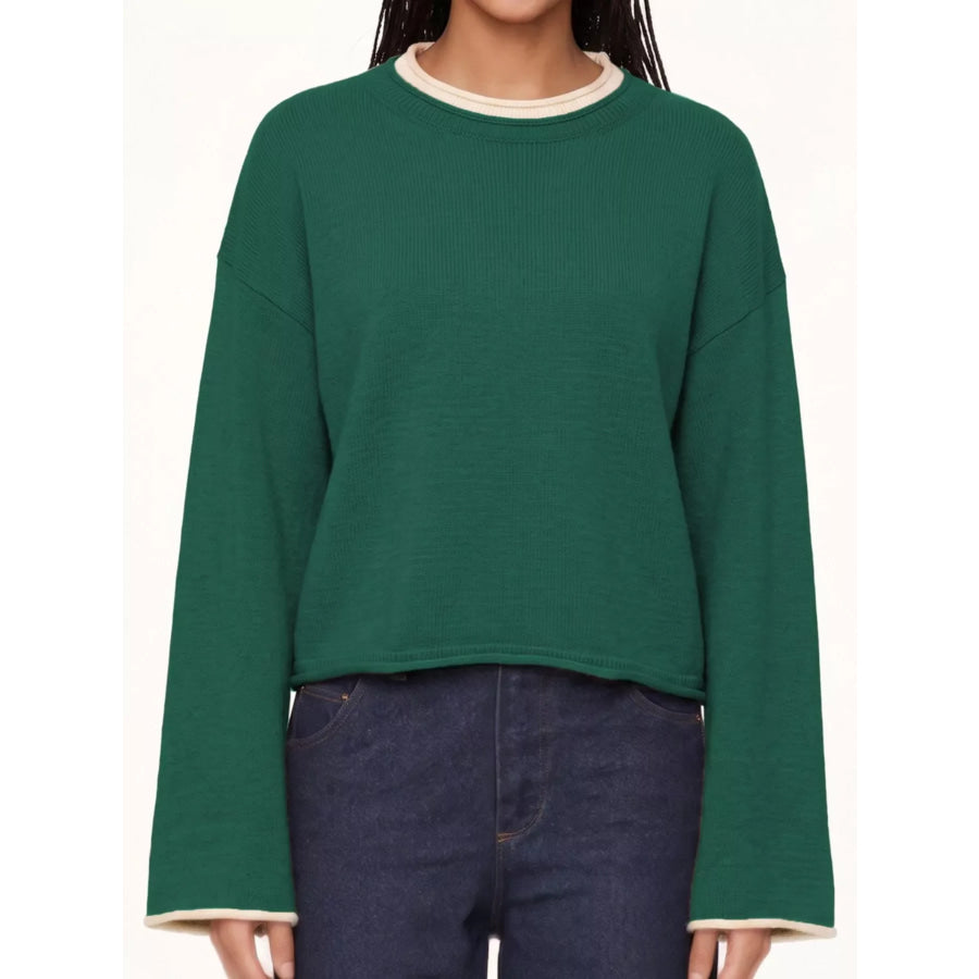 Crew Neck Dropped Shoulder Sweater Green / S Apparel and Accessories