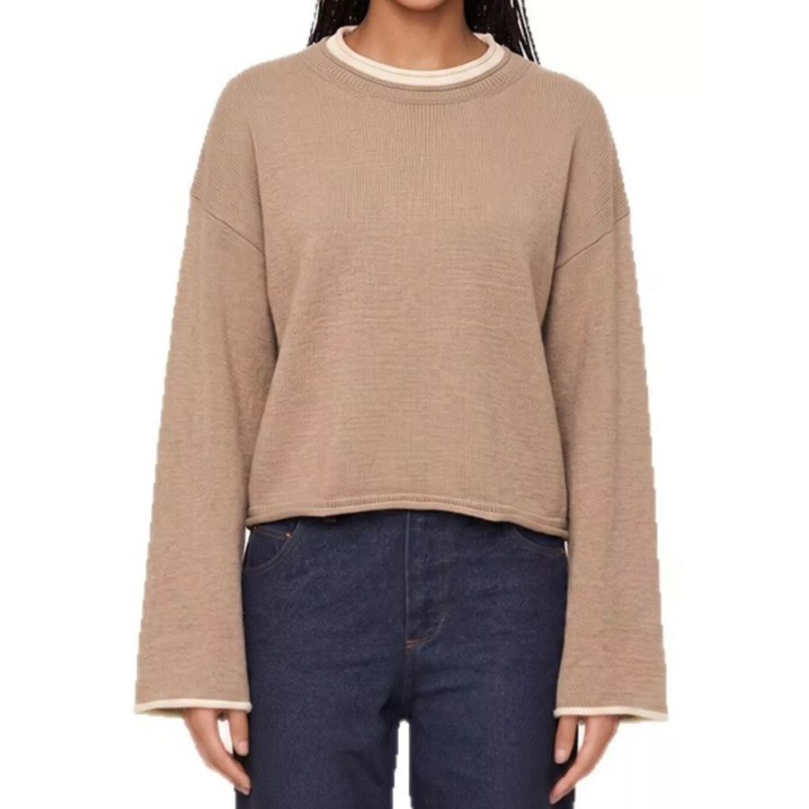 Crew Neck Dropped Shoulder Sweater Khaki / S Apparel and Accessories