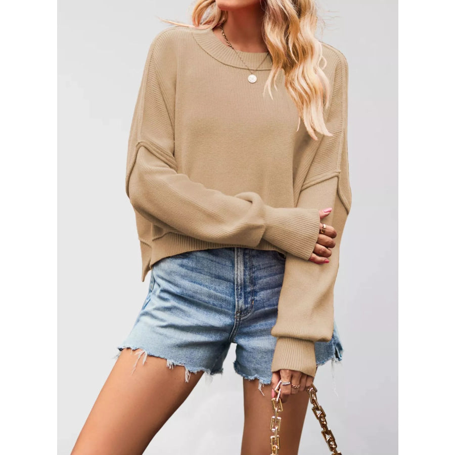 Crew Neck Dropped Shoulder Sweater Khaki / S Apparel and Accessories