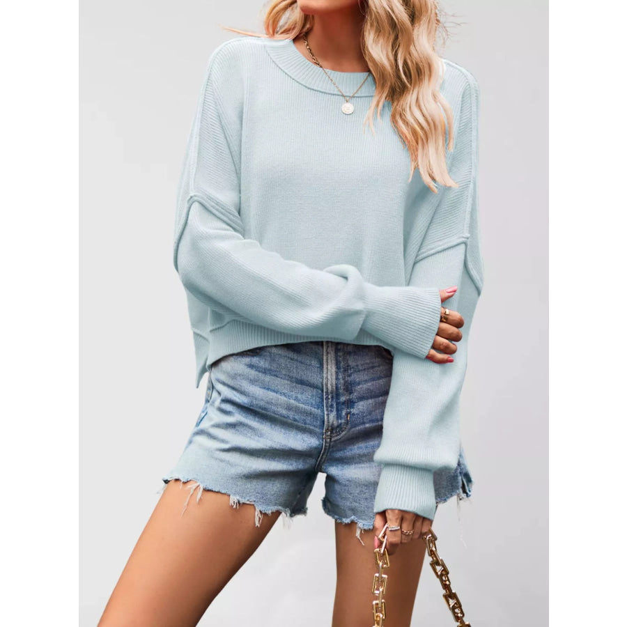 Crew Neck Dropped Shoulder Sweater Light Blue / S Apparel and Accessories