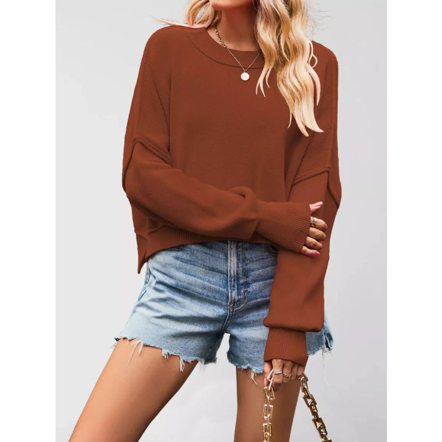Crew Neck Dropped Shoulder Sweater Rust Red / S Apparel and Accessories