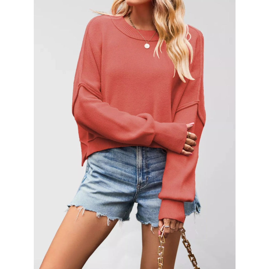 Crew Neck Dropped Shoulder Sweater Watermelon Red / S Apparel and Accessories
