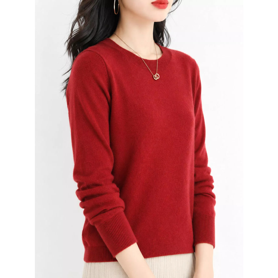Crew Neck Long Sleeve Sweater Rust Red / S Apparel and Accessories