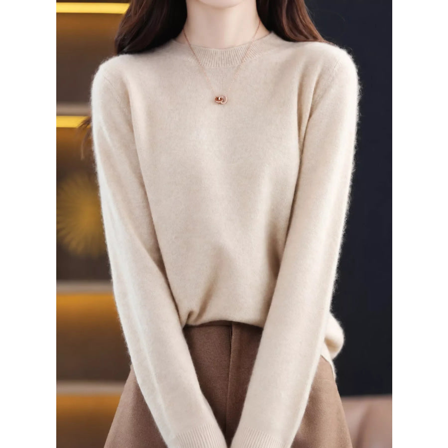 Crew Neck Long Sleeve Sweater Beige / S Apparel and Accessories
