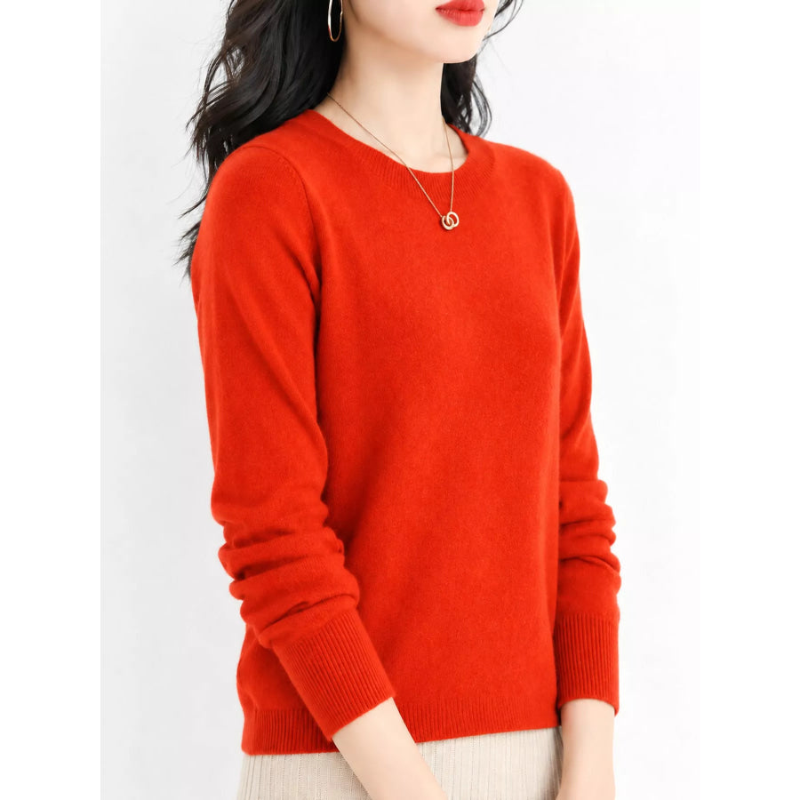 Crew Neck Long Sleeve Sweater Bright Red / S Apparel and Accessories