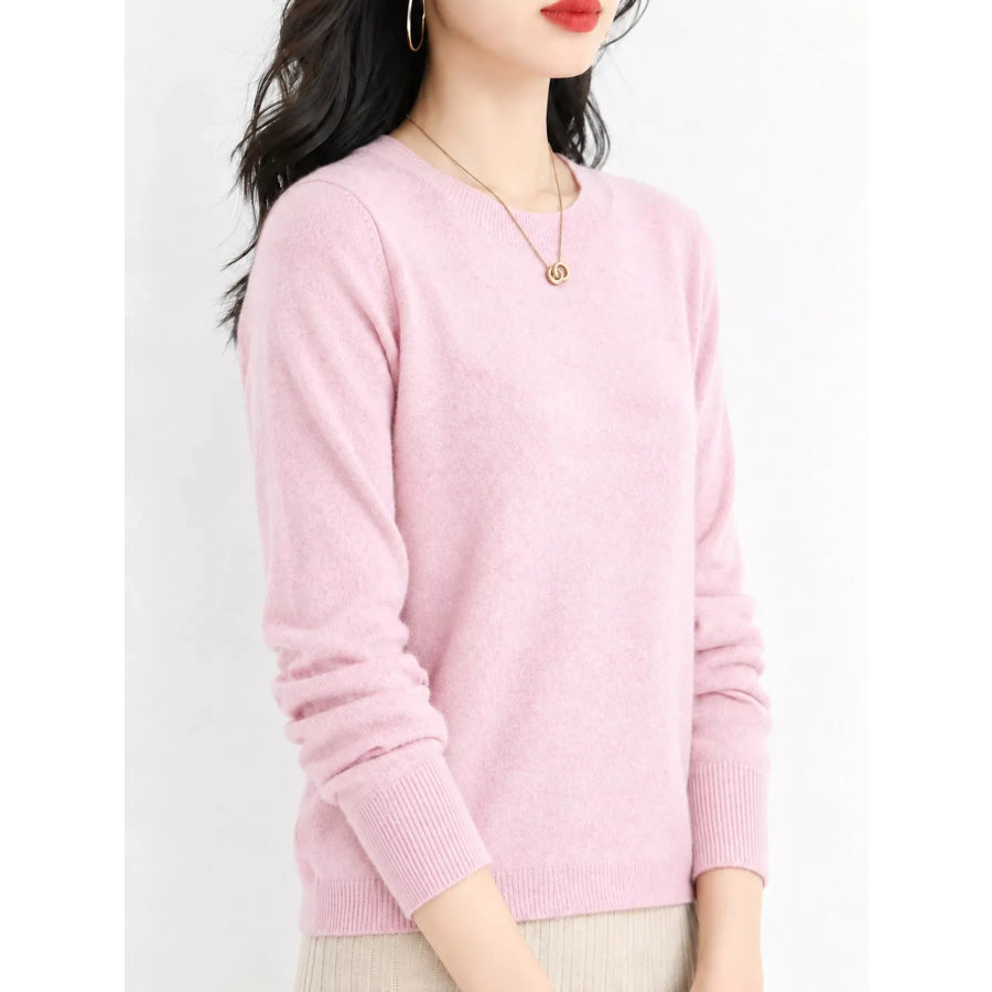 Crew Neck Long Sleeve Sweater Cherry Blossom Pink / S Apparel and Accessories