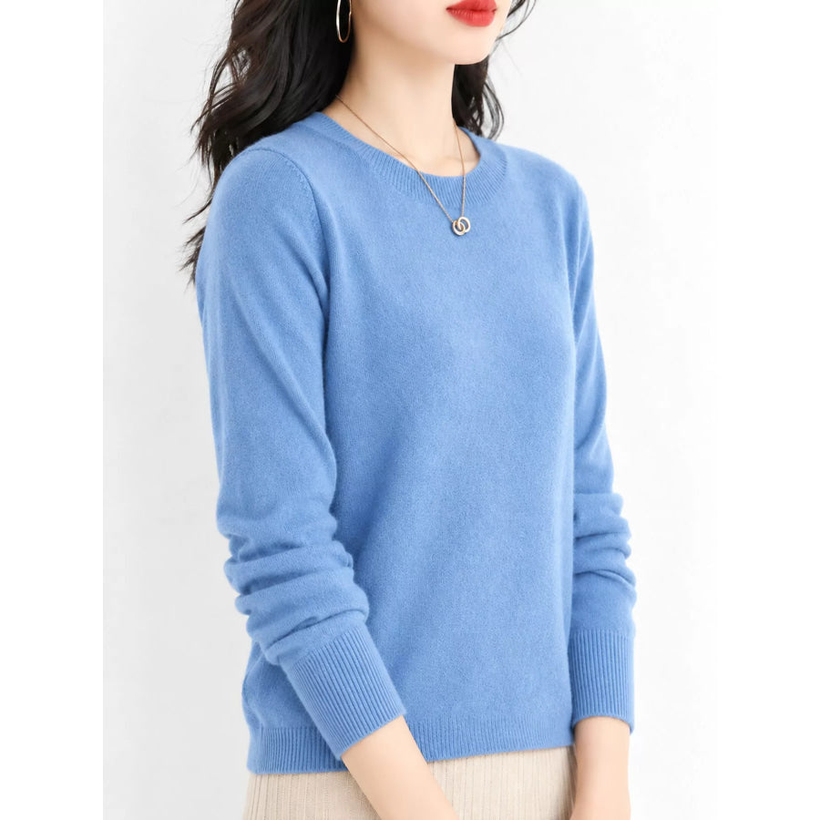 Crew Neck Long Sleeve Sweater Dusty Blue / S Apparel and Accessories