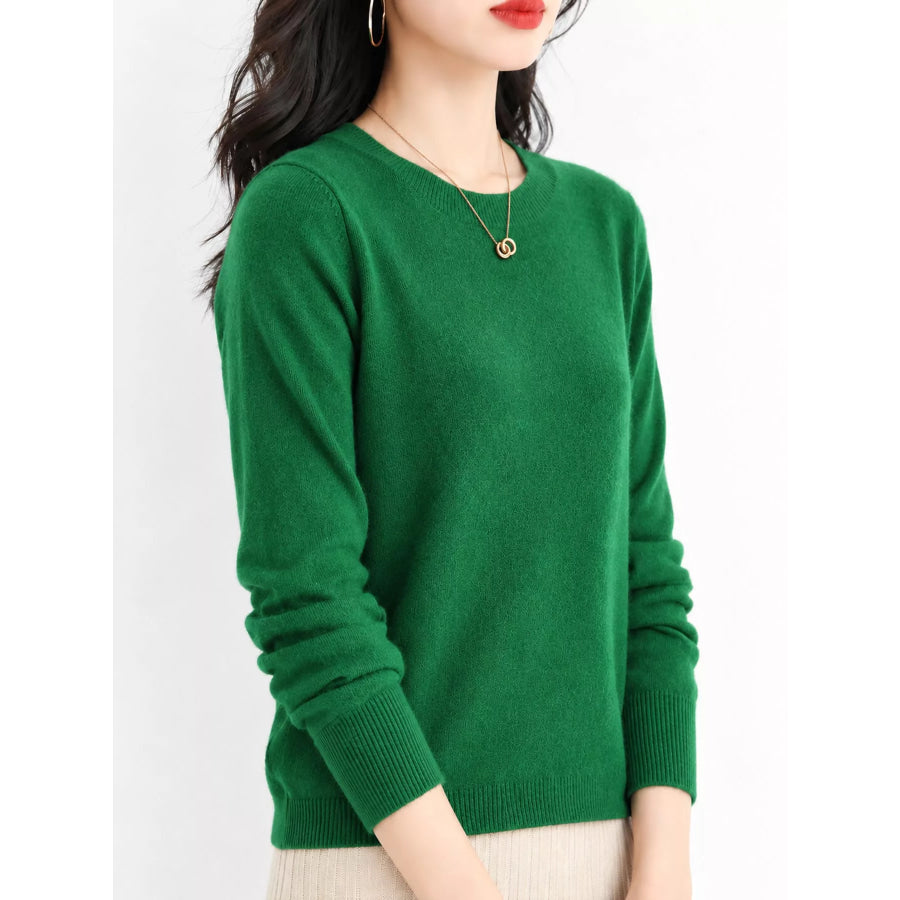 Crew Neck Long Sleeve Sweater Emerald Green / S Apparel and Accessories